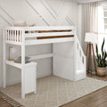 STAR15 WS : Loft Bed Twin High Loft Study Bed with Corner Desk and Stairs on End, Classic White Slats