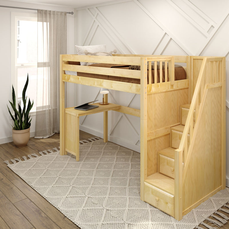 STAR15 XL NP : Study Loft Beds Twin XL High Loft Bed with Stairs + Corner Desk, Panel, Natural
