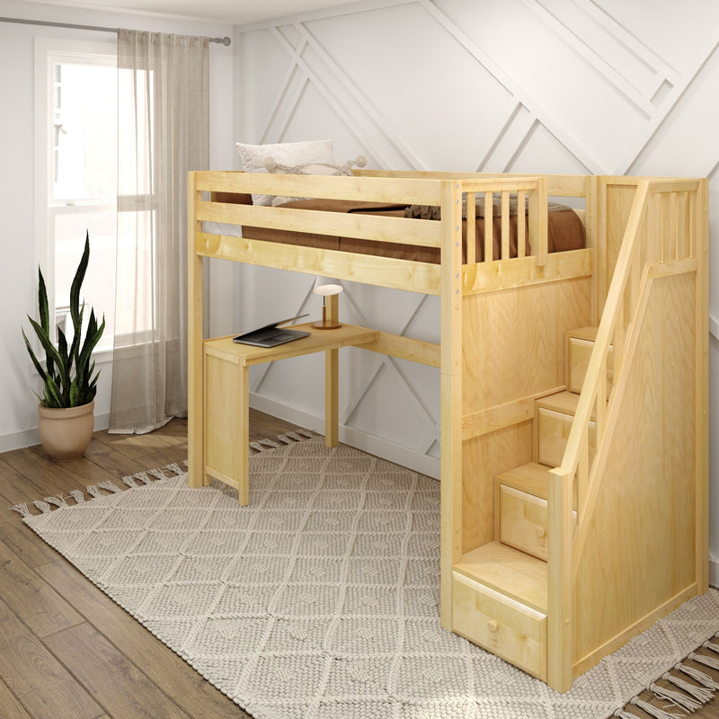 STAR15 XL NS : Loft Bed Twin XL High Loft Study Bed with Corner Desk and Stairs on End, Natural Birch Slats