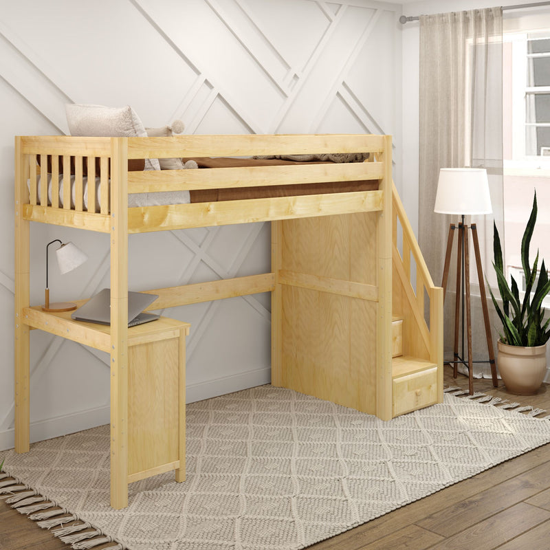 STAR15 XL NS : Loft Bed Twin XL High Loft Study Bed with Corner Desk and Stairs on End, Natural Birch Slats