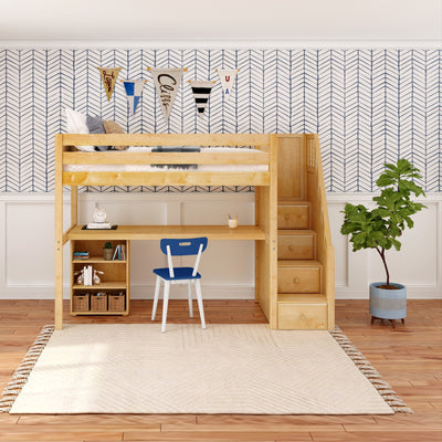STAR18 NP : Loft Bed Twin High Loft w/staircase, long desk, 22.5" low bookcase, Panel, Natural