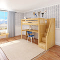 STAR18 NP : Loft Bed Twin High Loft w/staircase, long desk, 22.5" low bookcase, Panel, Natural