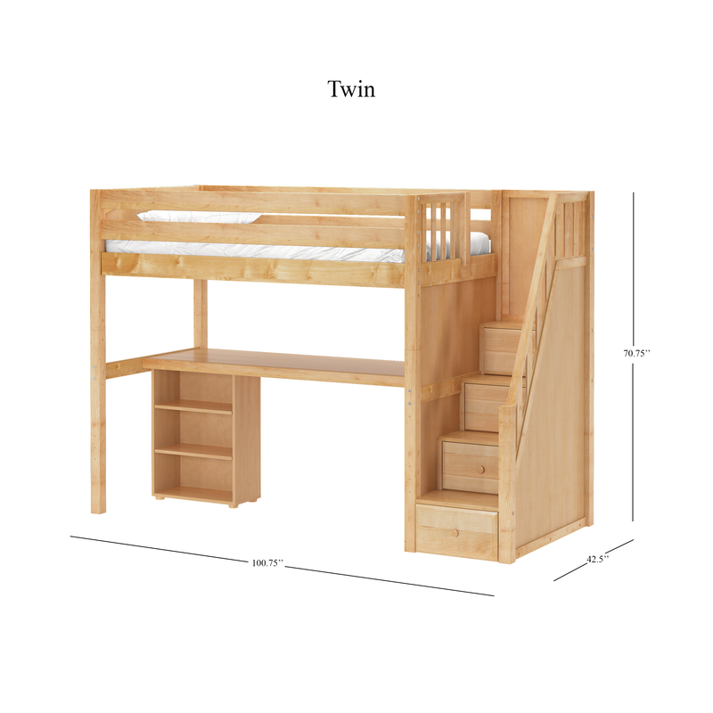 STAR18 NP : Loft Bed Twin High Loft w/staircase, long desk, 22.5" low bookcase, Panel, Natural