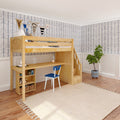 STAR18 NP : Loft Bed Twin High Loft w/staircase, long desk, 22.5" low bookcase, Panel, Natural