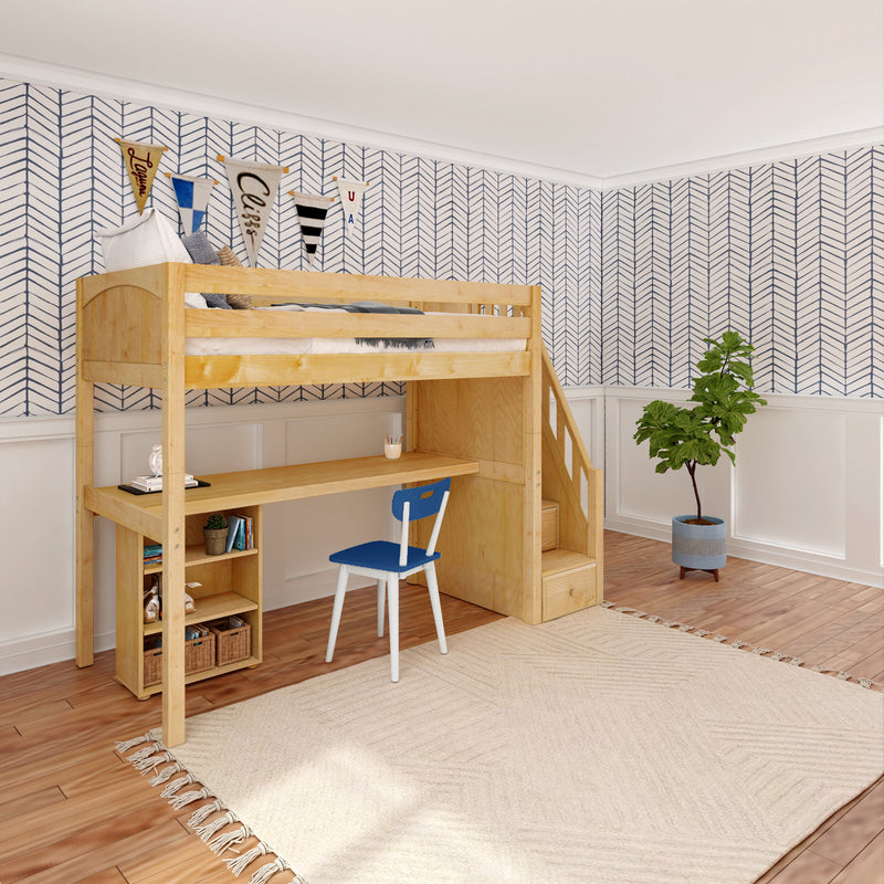 STAR18 NP : Loft Bed Twin High Loft w/staircase, long desk, 22.5" low bookcase, Panel, Natural