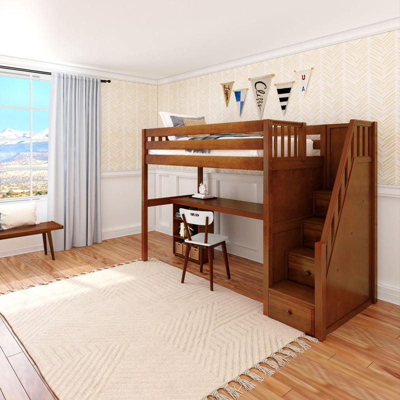 STAR18 XL CS : Loft Bed Twin XL High Loft w/staircase, long desk, 22.5" low bookcase, Slat, Chestnut