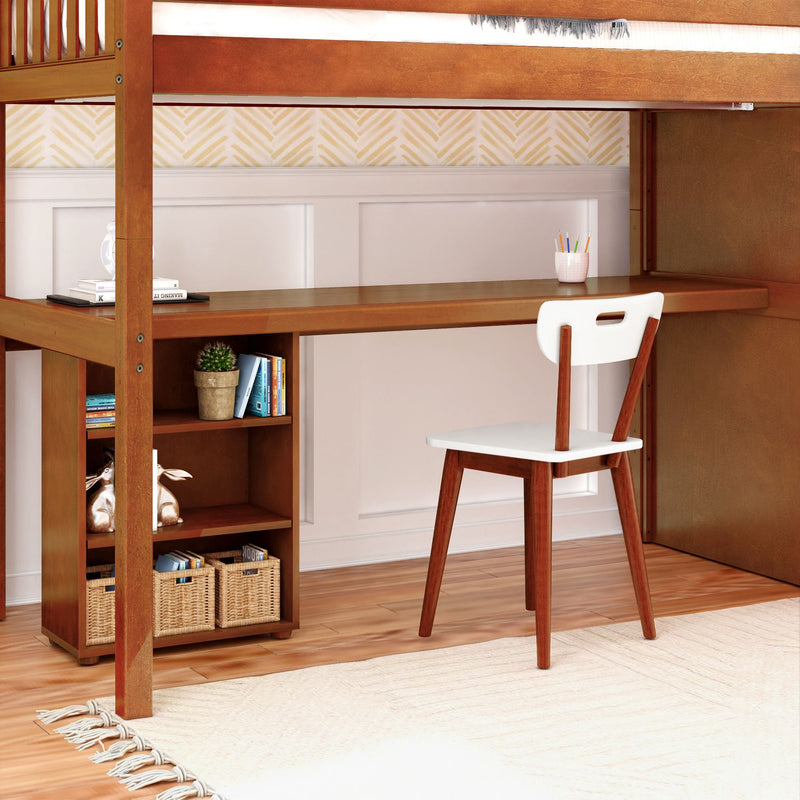 STAR18 XL CS : Loft Bed Twin XL High Loft w/staircase, long desk, 22.5" low bookcase, Slat, Chestnut