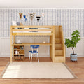 STAR18 XL NP : Loft Bed Twin XL High Loft w/staircase, long desk, 22.5" low bookcase, Panel, Natural