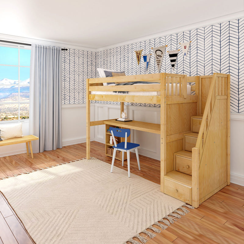 STAR18 XL NP : Loft Bed Twin XL High Loft w/staircase, long desk, 22.5" low bookcase, Panel, Natural