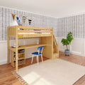 STAR18 XL NP : Loft Bed Twin XL High Loft w/staircase, long desk, 22.5" low bookcase, Panel, Natural