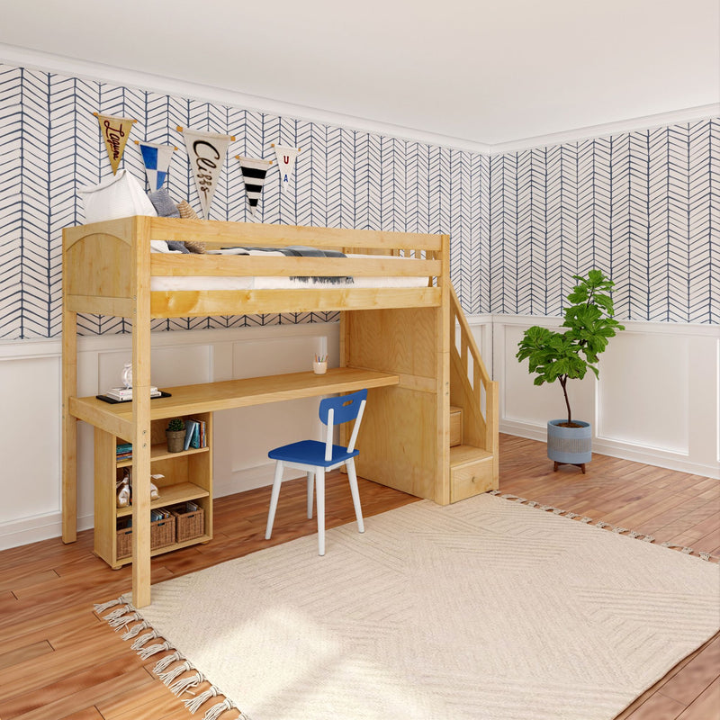 STAR18 XL NP : Loft Bed Twin XL High Loft w/staircase, long desk, 22.5" low bookcase, Panel, Natural