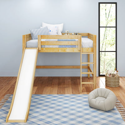 SUGAR NS : Loft Bed Full Mid Loft Bed with Slide and Straight Ladder on Front, Natural Birch Slats