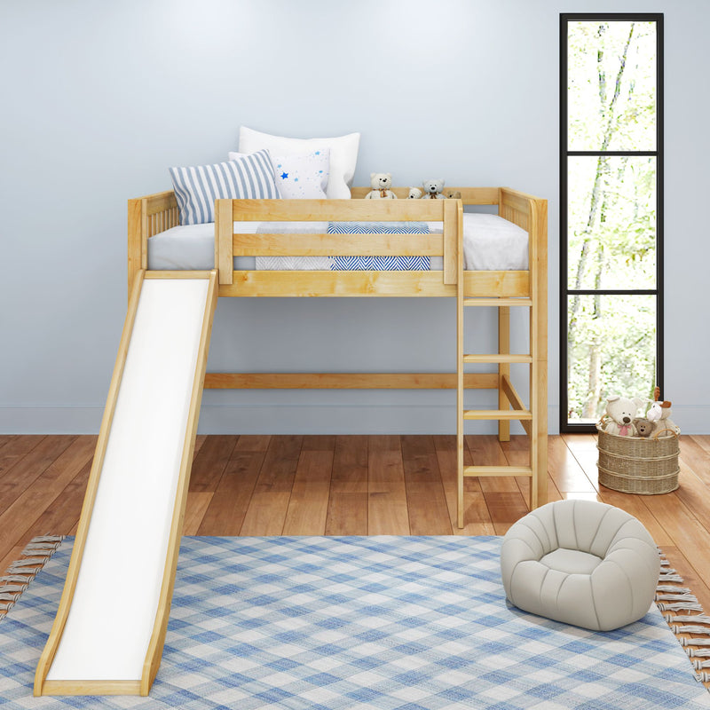 SUGAR NS : Loft Bed Full Mid Loft Bed with Slide and Straight Ladder on Front, Natural Birch Slats