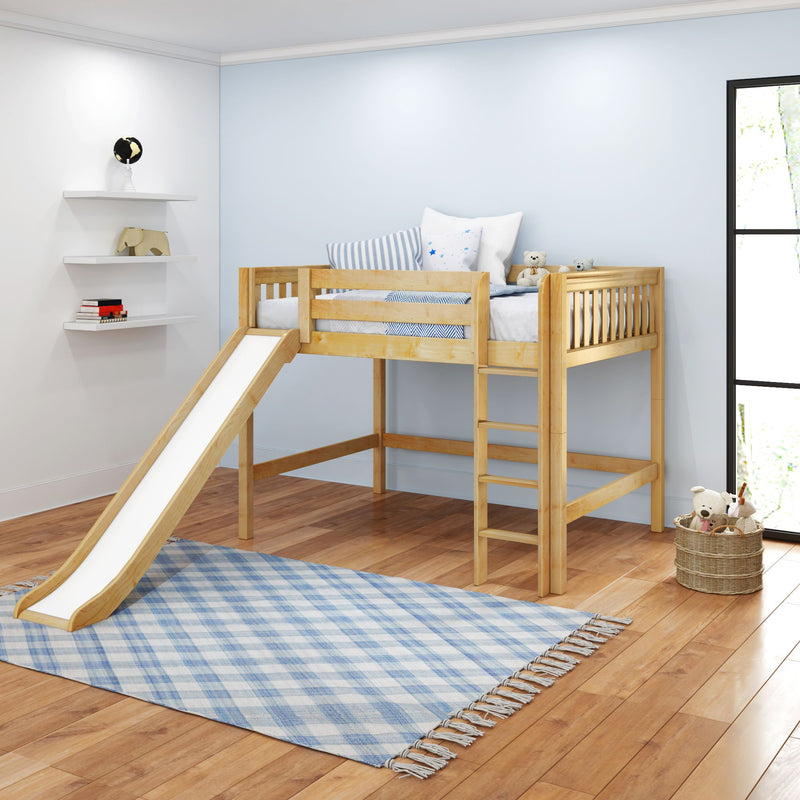 SUGAR NS : Loft Bed Full Mid Loft Bed with Slide and Straight Ladder on Front, Natural Birch Slats