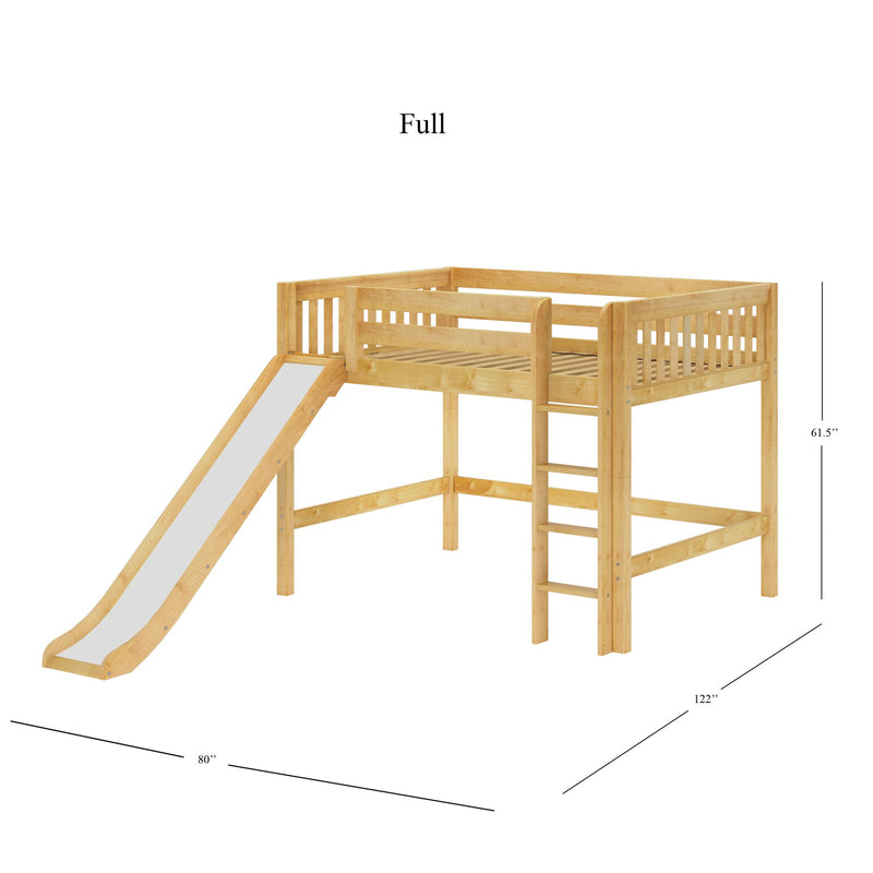 SUGAR NS : Loft Bed Full Mid Loft Bed with Slide and Straight Ladder on Front, Natural Birch Slats
