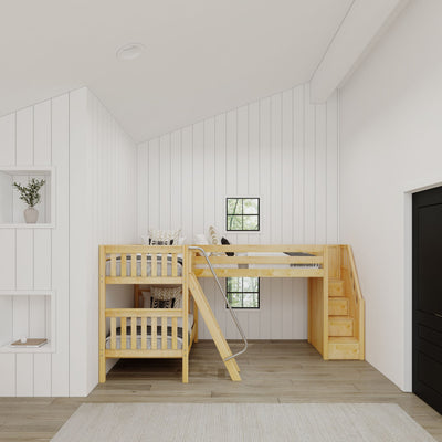 TERTIARY NS : Corner Loft Bunk Twin Medium Corner Loft Bunk Bed with Ladder + Stairs - R, Slat, Natural