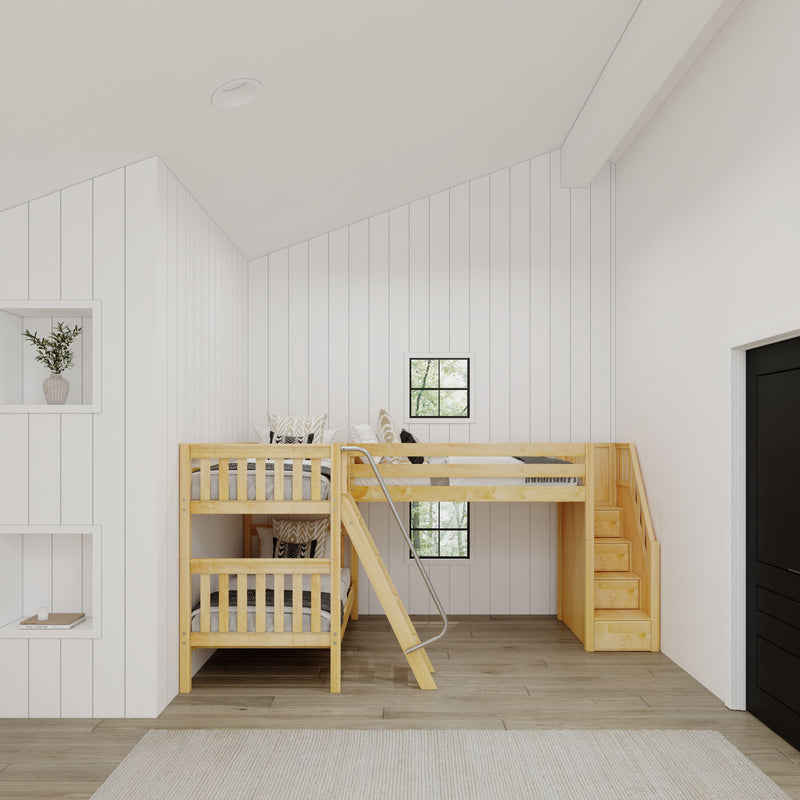 TERTIARY NS : Corner Loft Bunk Twin Medium Corner Loft Bunk Bed with Ladder + Stairs - R, Slat, Natural