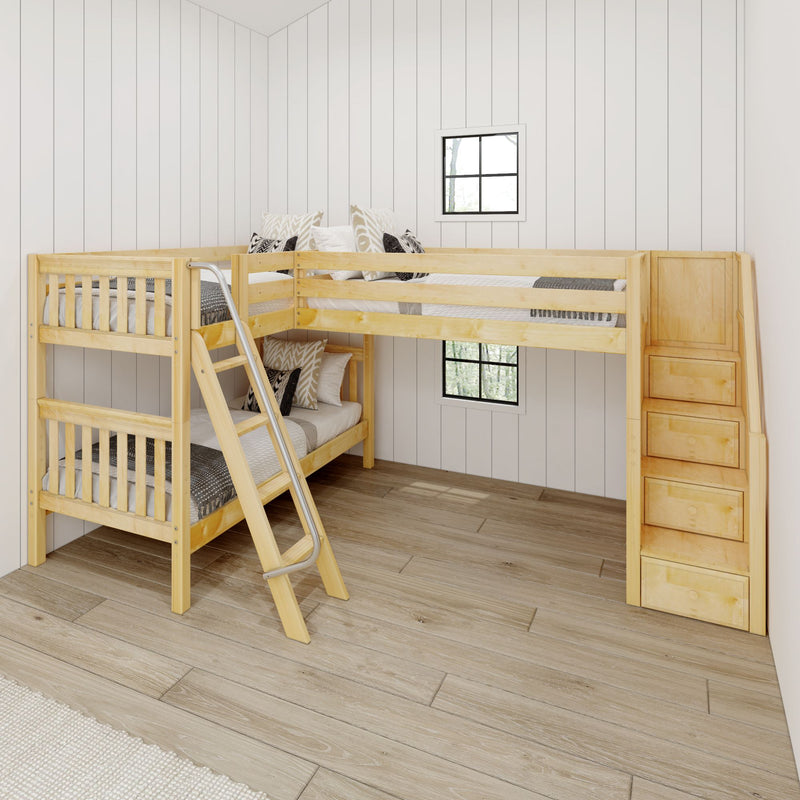 TERTIARY NS : Corner Loft Bunk Twin Medium Corner Loft Bunk Bed with Ladder + Stairs - R, Slat, Natural