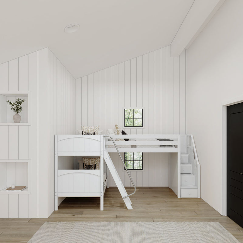 TERTIARY XL WP : Corner Loft Bunk Twin XL Medium Corner Loft Bunk Bed with Angled Ladder and Stairs on Right, Panel, Natural
