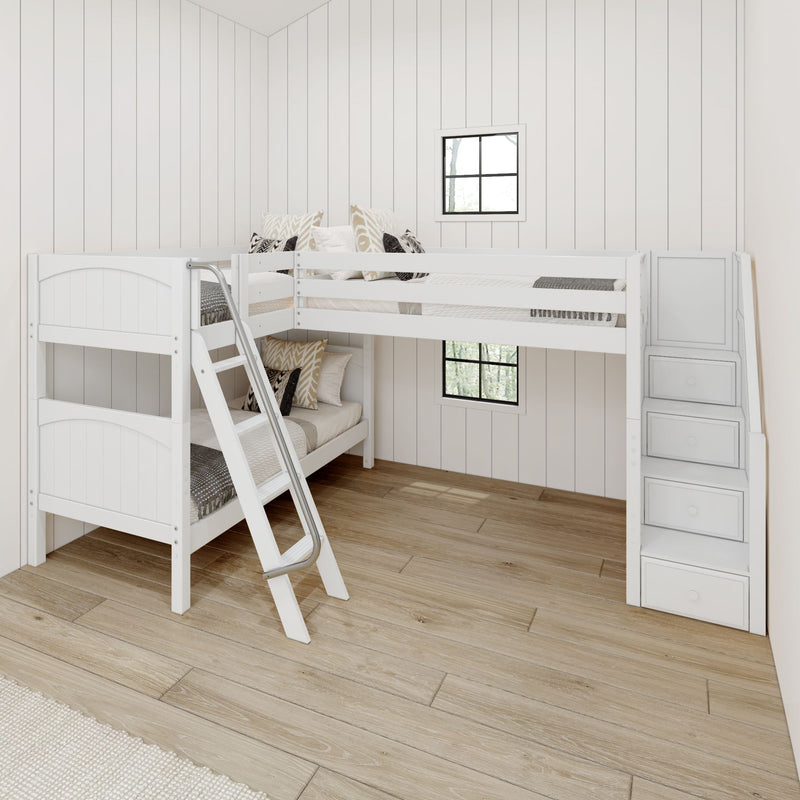 TERTIARY XL WP : Corner Loft Bunk Twin XL Medium Corner Loft Bunk Bed with Angled Ladder and Stairs on Right, Panel, Natural