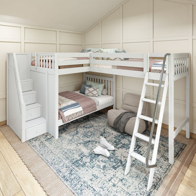 TREBLE WS : Corner Loft Bunk Full + Twin High Corner Loft Bunk with Stairs + Angled Ladder on Right Front, Classic White Slats