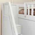 TREBLE WS : Corner Loft Bunk Full + Twin High Corner Loft Bunk with Stairs + Angled Ladder on Right Front, Classic White Slats