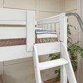 TREBLE WS : Corner Loft Bunk Full + Twin High Corner Loft Bunk with Stairs + Angled Ladder on Right Front, Classic White Slats