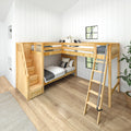 TREY NS : Corner Loft Bunk Twin High Corner Loft Bunk with Stairs + Angled Ladder on Right Front, Natural Birch Slats