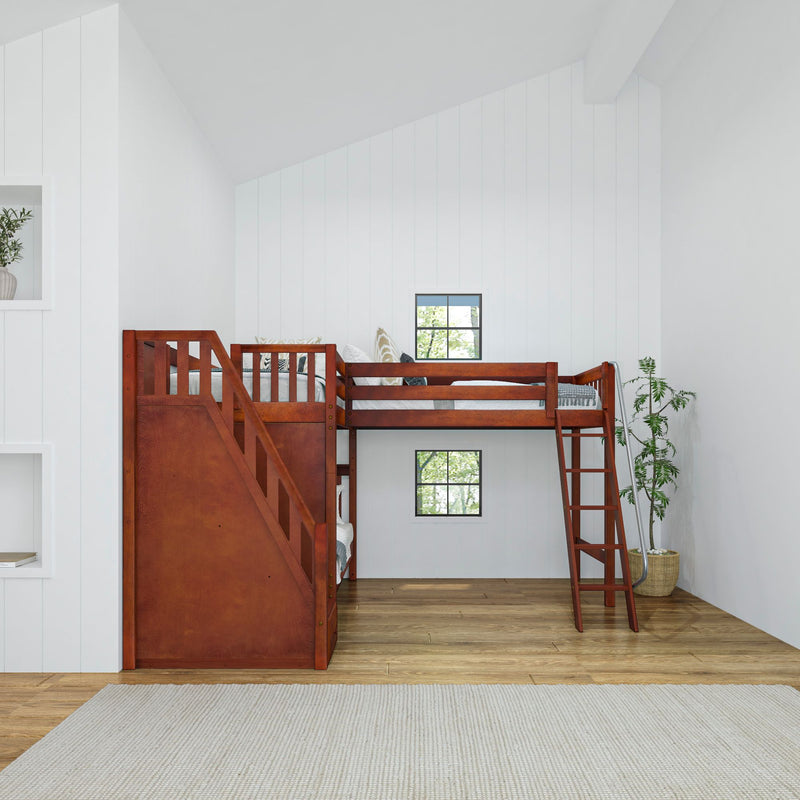 TREY XL CS : Corner Loft Bunk Twin XL High Corner Loft Bunk with Stairs + Angled Ladder on Right Front, Chestnut Slats