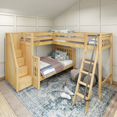 TRIATHLON NS : Corner Loft Bunk Twin over Full + Twin High Corner Loft Bunk with Stairs + Angled Ladder on Right Front, Natural Birch Slats