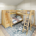 TRIATHLON NS : Corner Loft Bunk Twin over Full + Twin High Corner Loft Bunk with Stairs + Angled Ladder on Right Front, Natural Birch Slats
