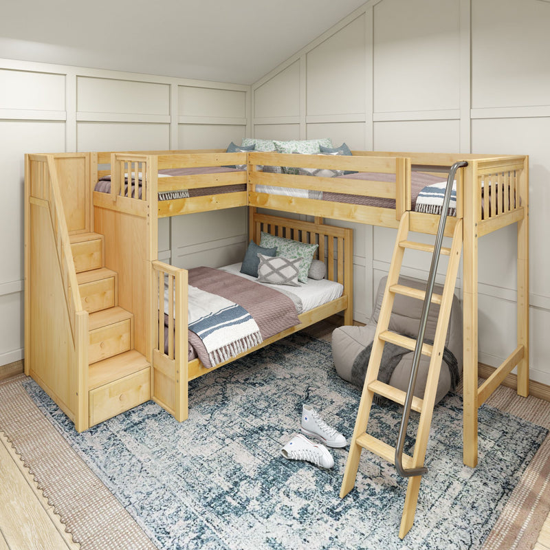 TRIATHLON NS : Corner Loft Bunk Twin over Full + Twin High Corner Loft Bunk with Stairs + Angled Ladder on Right Front, Natural Birch Slats