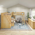 TRIATHLON NS : Corner Loft Bunk Twin over Full + Twin High Corner Loft Bunk with Stairs + Angled Ladder on Right Front, Natural Birch Slats