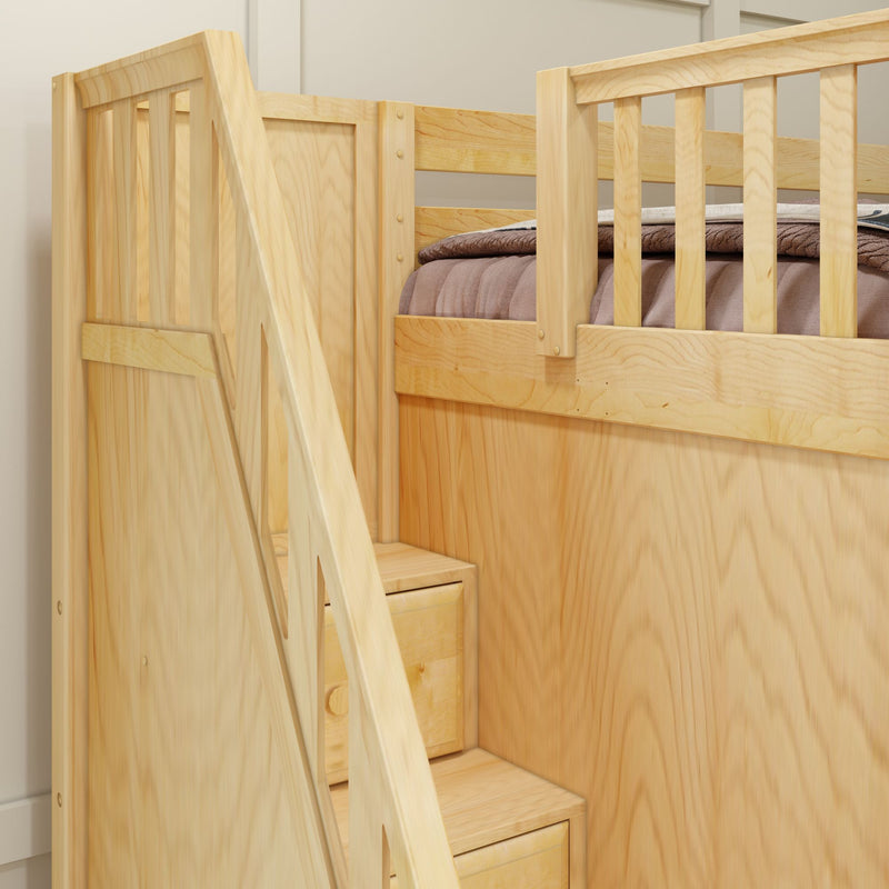 TRIATHLON NS : Corner Loft Bunk Twin over Full + Twin High Corner Loft Bunk with Stairs + Angled Ladder on Right Front, Natural Birch Slats