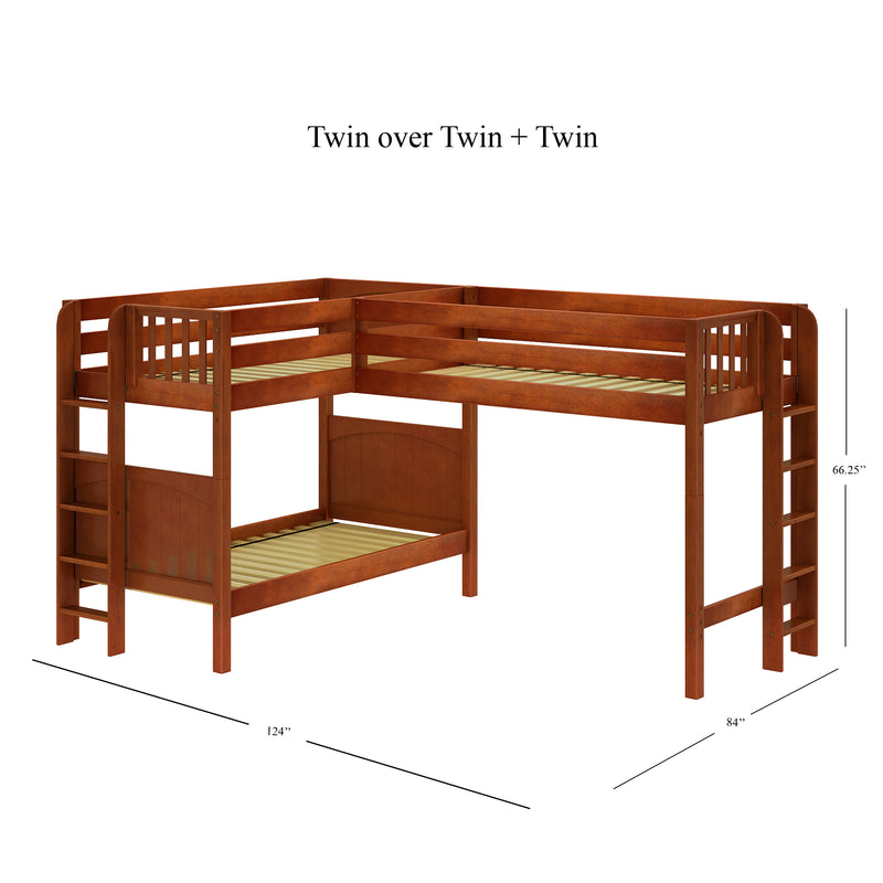 TRIFID 1 CP : Corner Loft Bunk Twin Mid Corner Loft Bunk with Two Straight Ladders on End, Chestnut Panel
