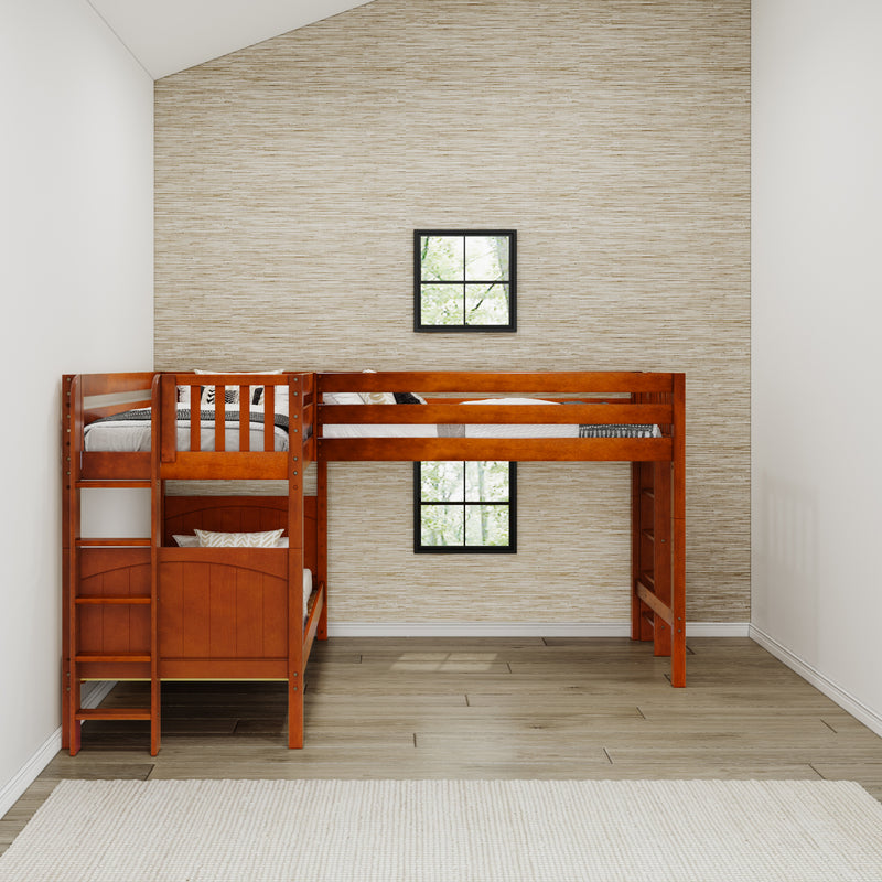 TRIFID 1 CP : Corner Loft Bunk Twin Mid Corner Loft Bunk with Two Straight Ladders on End, Chestnut Panel