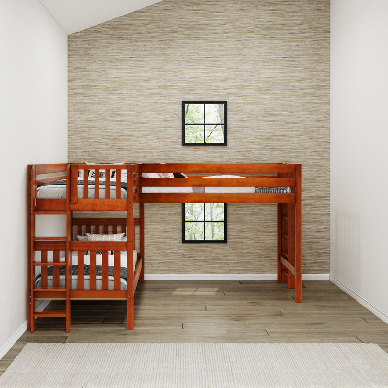 TRIFID 1 CS : Corner Loft Bunk Twin Mid Corner Loft Bunk with Two Straight Ladders on End, Chestnut Slats