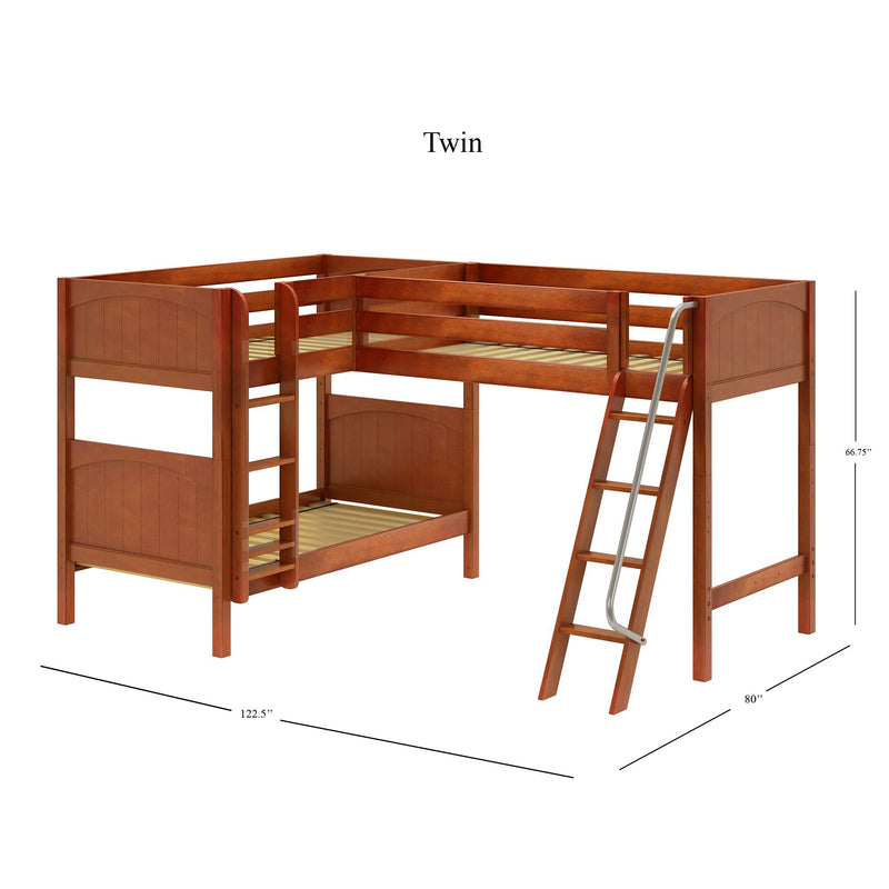 TRIFID CP : Corner Loft Bunk Twin Mid Corner Loft Bunk with Left Straight Ladder + Right Angled Ladder on Front, Chestnut Panel