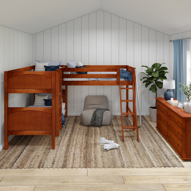 TRIFID CP : Corner Loft Bunk Twin Mid Corner Loft Bunk with Left Straight Ladder + Right Angled Ladder on Front, Chestnut Panel