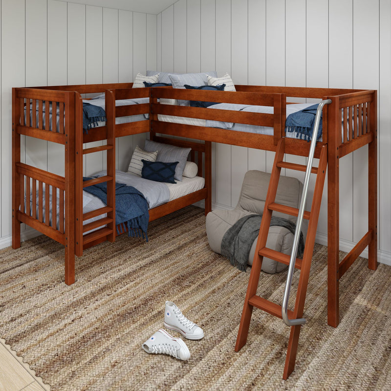TRIFID CS : Corner Loft Bunk Twin Mid Corner Loft Bunk with Left Straight Ladder + Right Angled Ladder on Front, Chestnut Slats