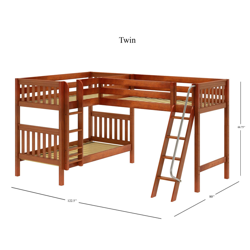 TRIFID CS : Corner Loft Bunk Twin Mid Corner Loft Bunk with Left Straight Ladder + Right Angled Ladder on Front, Chestnut Slats