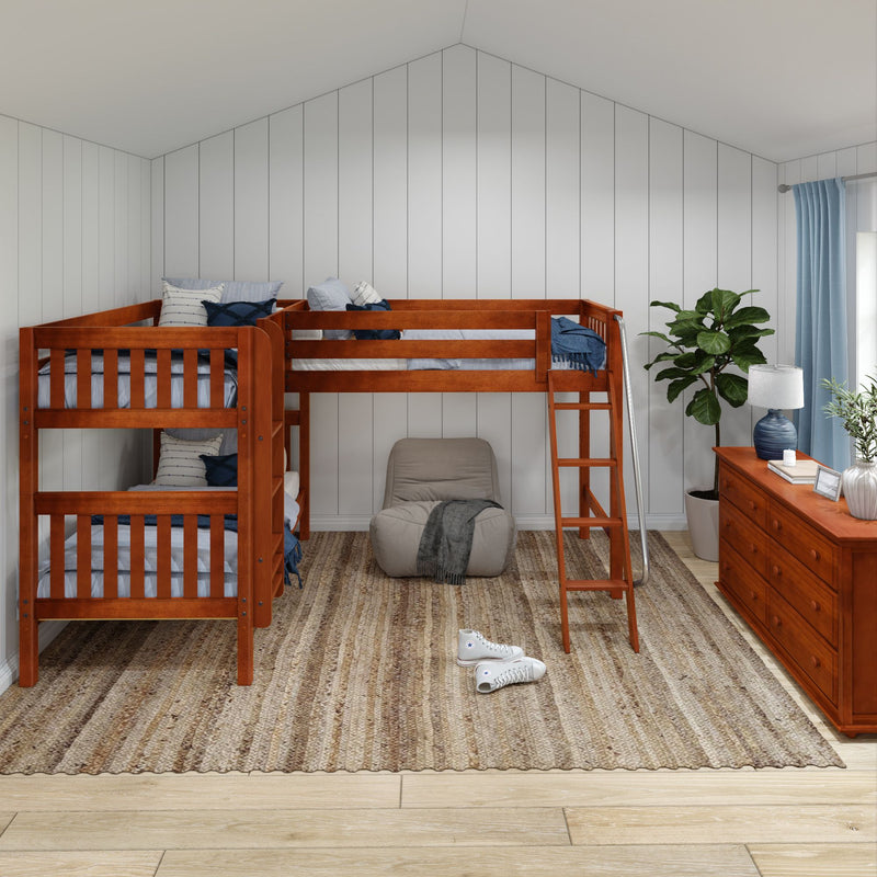 TRIFID CS : Corner Loft Bunk Twin Mid Corner Loft Bunk with Left Straight Ladder + Right Angled Ladder on Front, Chestnut Slats