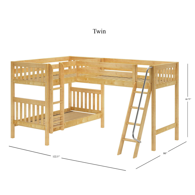 TRIFID NS : Corner Loft Bunk Twin Mid Corner Loft Bunk with Left Straight Ladder + Right Angled Ladder on Front, Natural Birch Slats