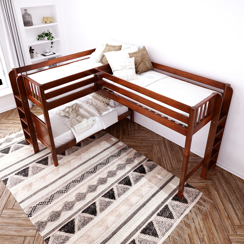 TRIFID XL 1 CP : Corner Loft Bunk Twin XL Mid Corner Loft Bunk with Two Straight Ladders on End, Chestnut Panel