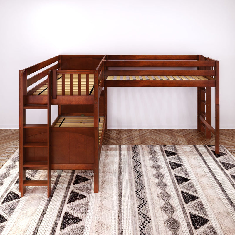 TRIFID XL 1 CP : Corner Loft Bunk Twin XL Mid Corner Loft Bunk with Two Straight Ladders on End, Chestnut Panel
