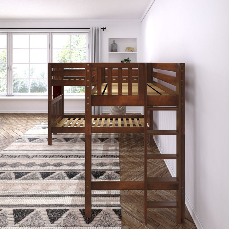 TRIFID XL 1 CS : Corner Loft Bunk Twin XL Mid Corner Loft Bunk with Two Straight Ladders on End, Chestnut Slats