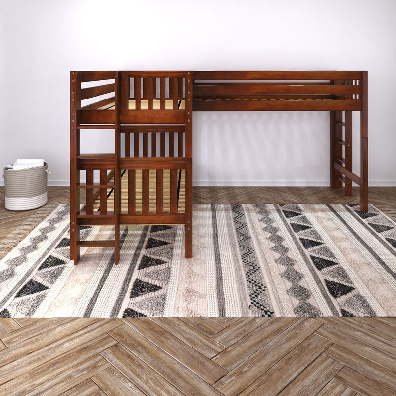 TRIFID XL 1 CS : Corner Loft Bunk Twin XL Mid Corner Loft Bunk with Two Straight Ladders on End, Chestnut Slats