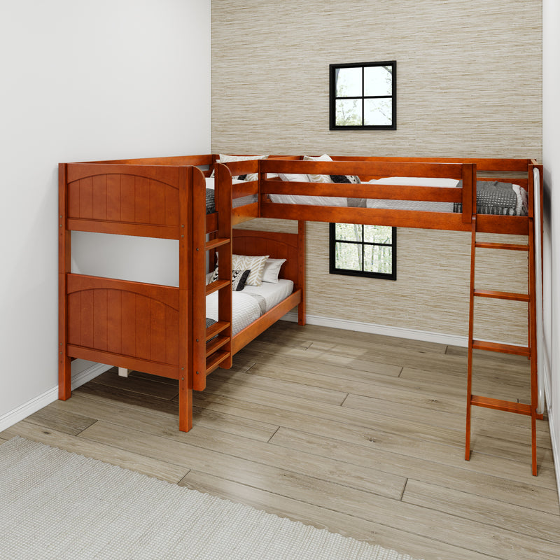 TRIFID XL CP : Corner Loft Bunk Twin XL Mid Corner Loft Bunk with Left Straight Ladder + Right Angled Ladder on Front, Chestnut Panel
