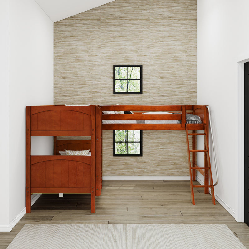 TRIFID XL CP : Corner Loft Bunk Twin XL Mid Corner Loft Bunk with Left Straight Ladder + Right Angled Ladder on Front, Chestnut Panel