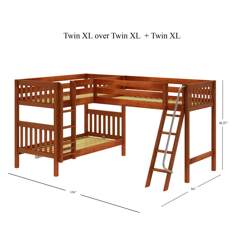 TRIFID XL CS : Corner Loft Bunk Twin XL Mid Corner Loft Bunk with Left Straight Ladder + Right Angled Ladder on Front, Chestnut Slats